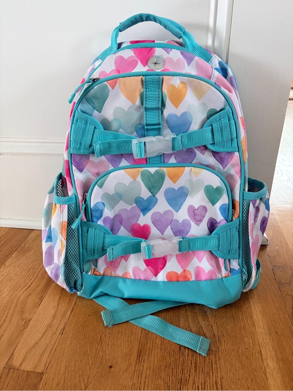 Backpack Pottery Barn Kids Aqua Rainbow Heart Teal Blue Large